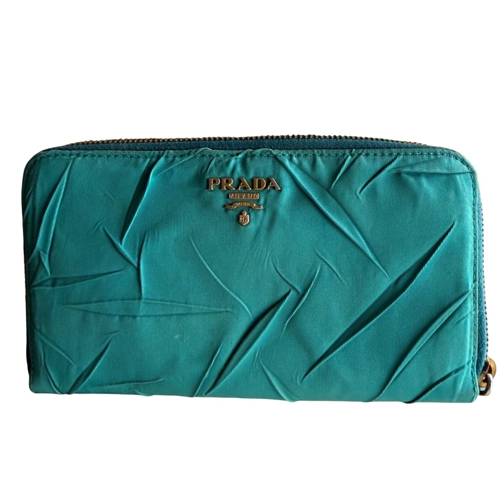 Prada Zip Around Wallet Vintage Pleated Designer Accessory OS 2000s Teal